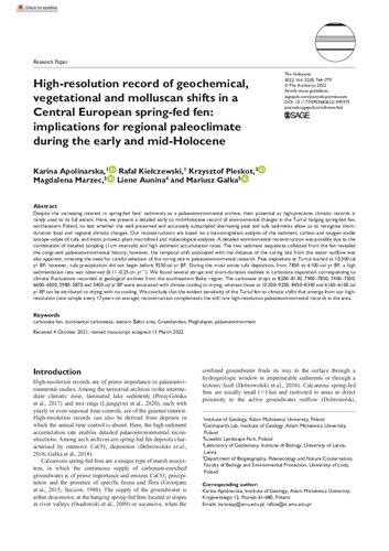 Highresolution Record Of Geochemical Vegetational And Molluscan Shifts In A Central European Springfed Fen Implications For Regional Paleoclimate During The Early And Midholocene Kieczewski