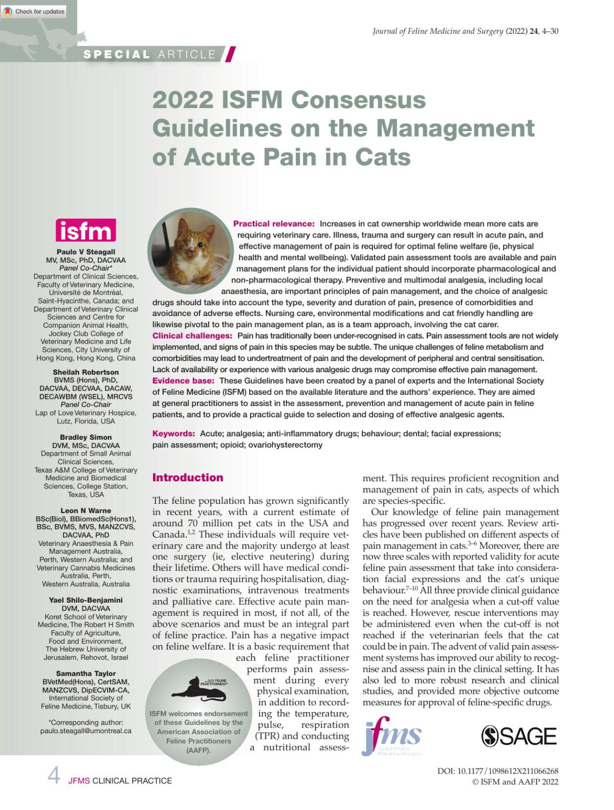 2022 Isfm Consensus Guidelines On The Management Of Acute Pain In Cats Paulo V Steagall
