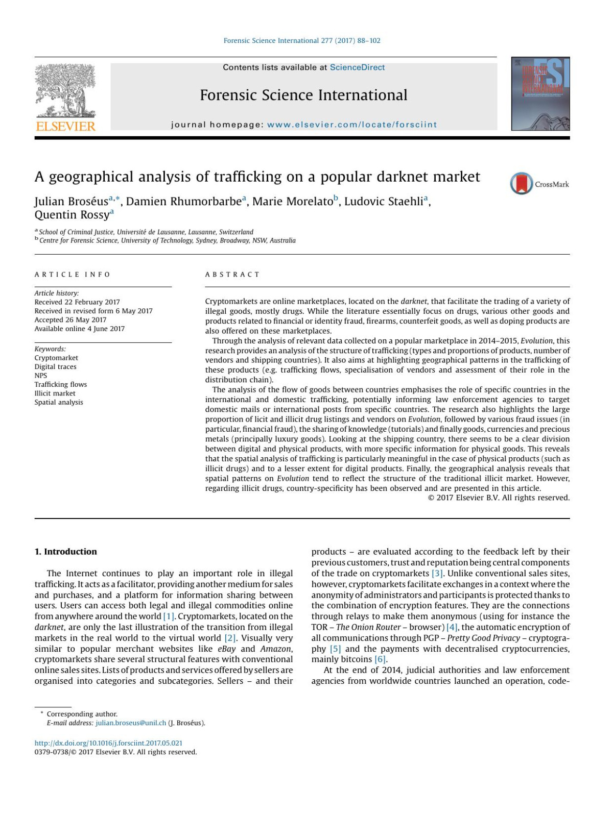 A Geographical Analysis Of Trafficking On A Popular Darknet Market Julian Brosus Damien Rhumorbarbe Marie Morelato Ludovic Staehli Quentin Rossy