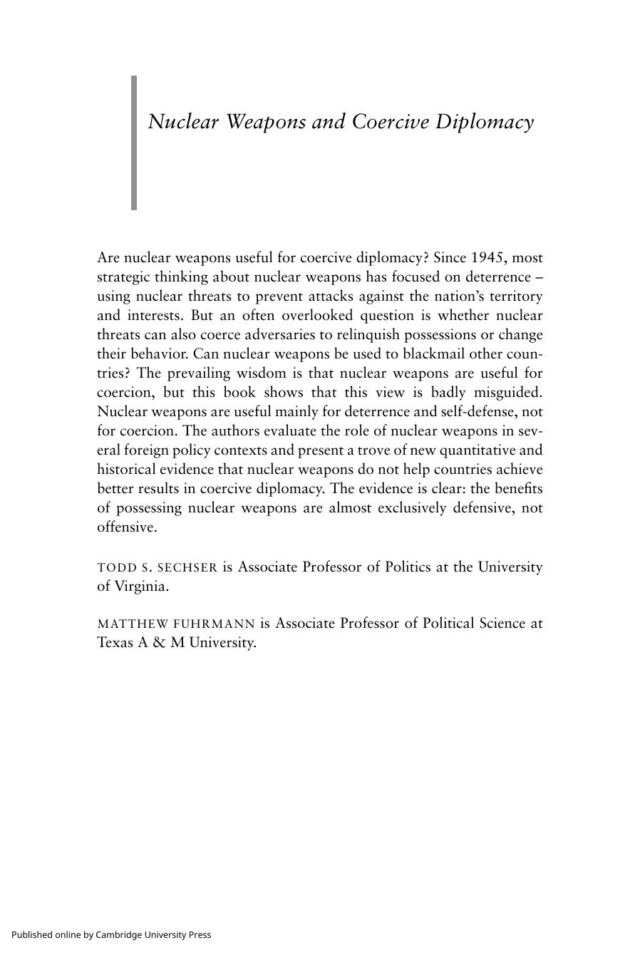 Nuclear Weapons And Coercive Diplomacy Reprint Todd S Sechser