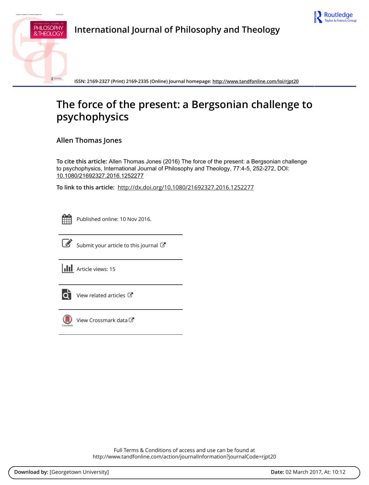 The Force Of The Present A Bergsonian Challenge To Psychophysics Allen Thomas Jones