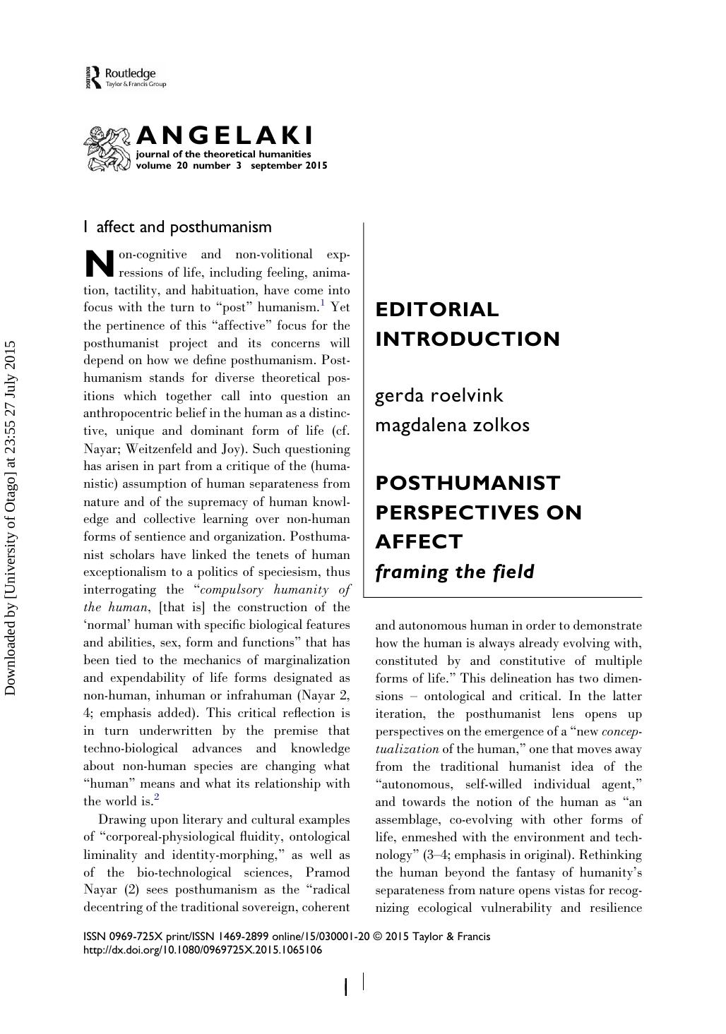 Posthumanist Perspectives On Affect Gerda Roelvink