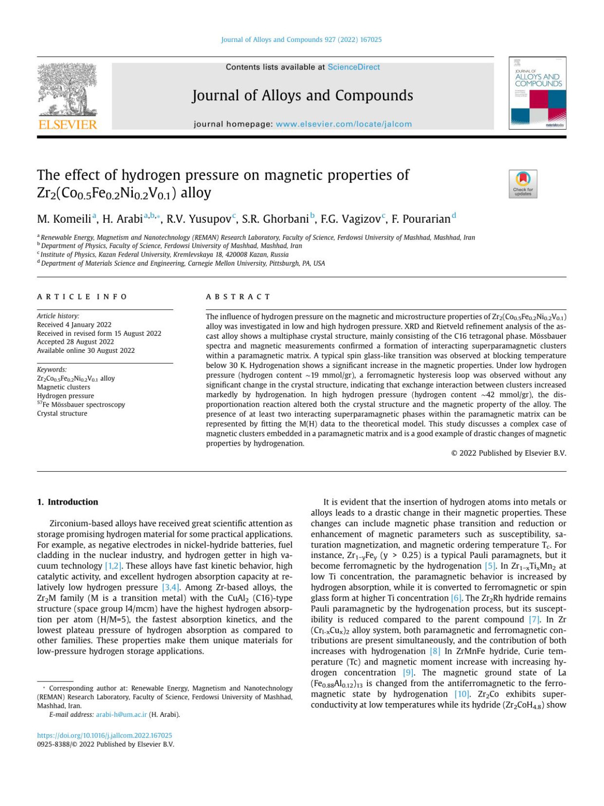 The Effect Of Hydrogen Pressure On Magnetic Properties Of Zr2co05fe02ni02v01 Alloy M Komeili H Arabi Rv Yusupov Sr Ghorbani Fg Vagizov F Pourarian