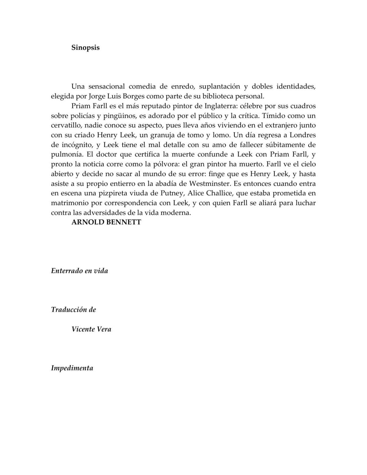Enterrado En Vida Arnold Bennett