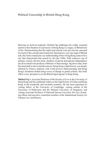 Political Censorship In British Hong Kong Freedom Of Expression And The Law 18421997 Michael Ng