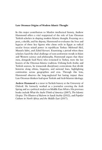 Late Ottoman Origins Of Modern Islamic Thought Turkish And Egyptian Thinkers On The Disruption Of Islamic Knowledge Andrew Hammond