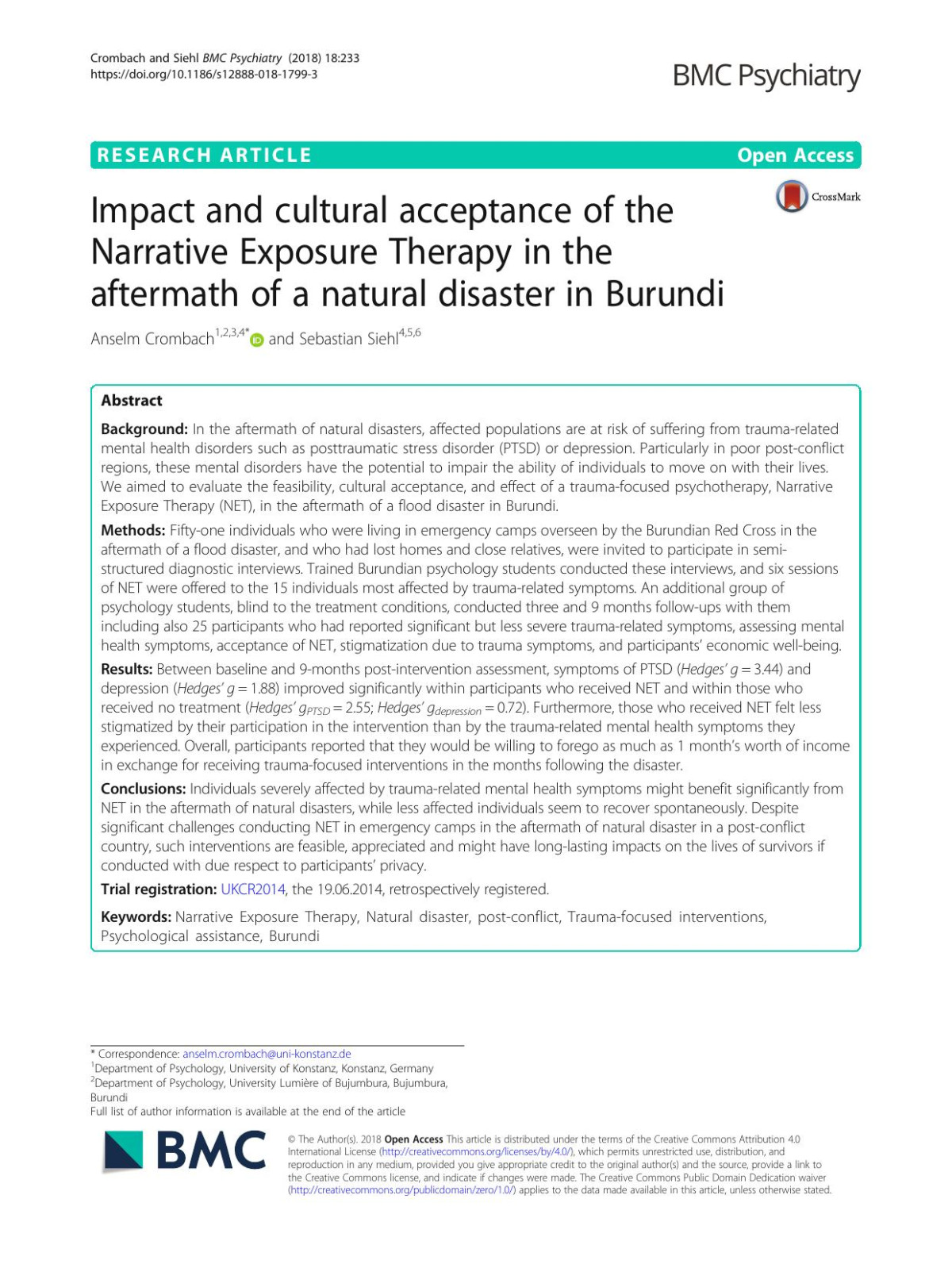 Impact And Cultural Acceptance Of The Narrative Exposure Therapy In The Aftermath Of A Natural Disaster In Burundi Anselm Crombach Sebastian Siehl
