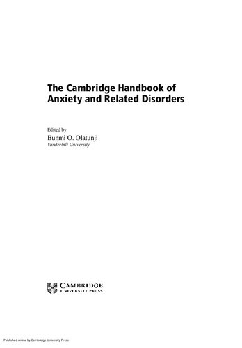 The Cambridge Handbook Of Anxiety And Related Disorders 1st Edition Bunmi O Olatunji Editor