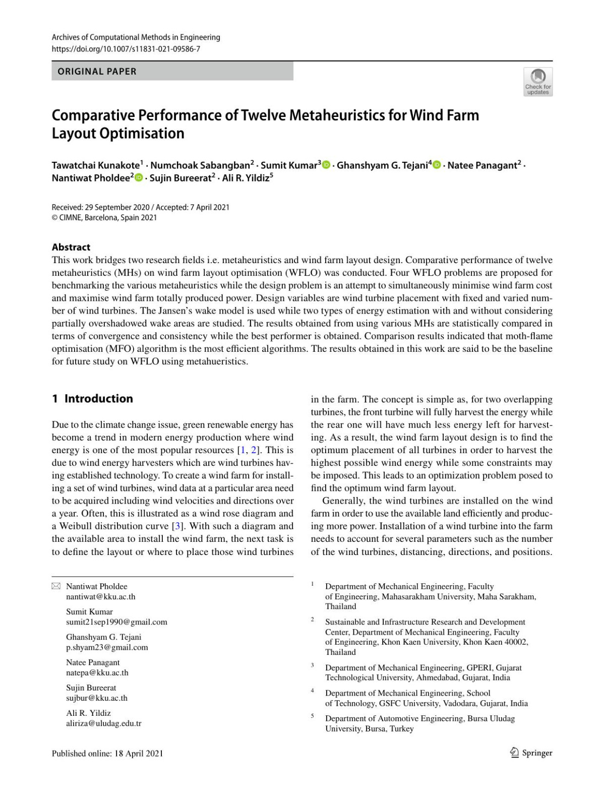 Comparative Performance Of Twelve Metaheuristics For Wind Farm Layout Optimisation Tawatchai Kunakote Numchoak Sabangban Sumit Kumar Ghanshyam G Tejani Natee Panagant Nantiwat Pholdee Sujin Bureerat Ali R Yildiz