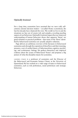 Optimally Irrational The Good Reasons We Behave The Way We Do Lionel Page