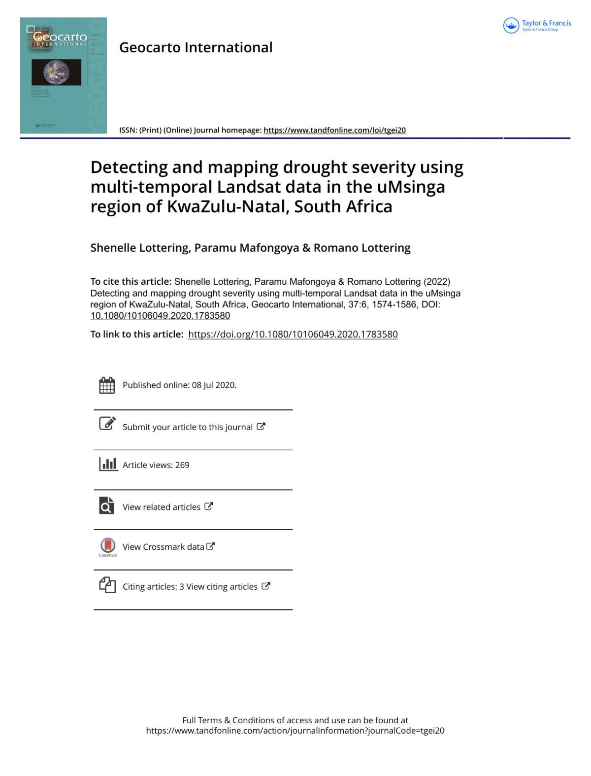 Detecting And Mapping Drought Severity Using Multitemporal Landsat Data In The Umsinga Region Of Kwazulunatal South Africa Lottering Shenelle Mafongoya Paramu Lottering Romano