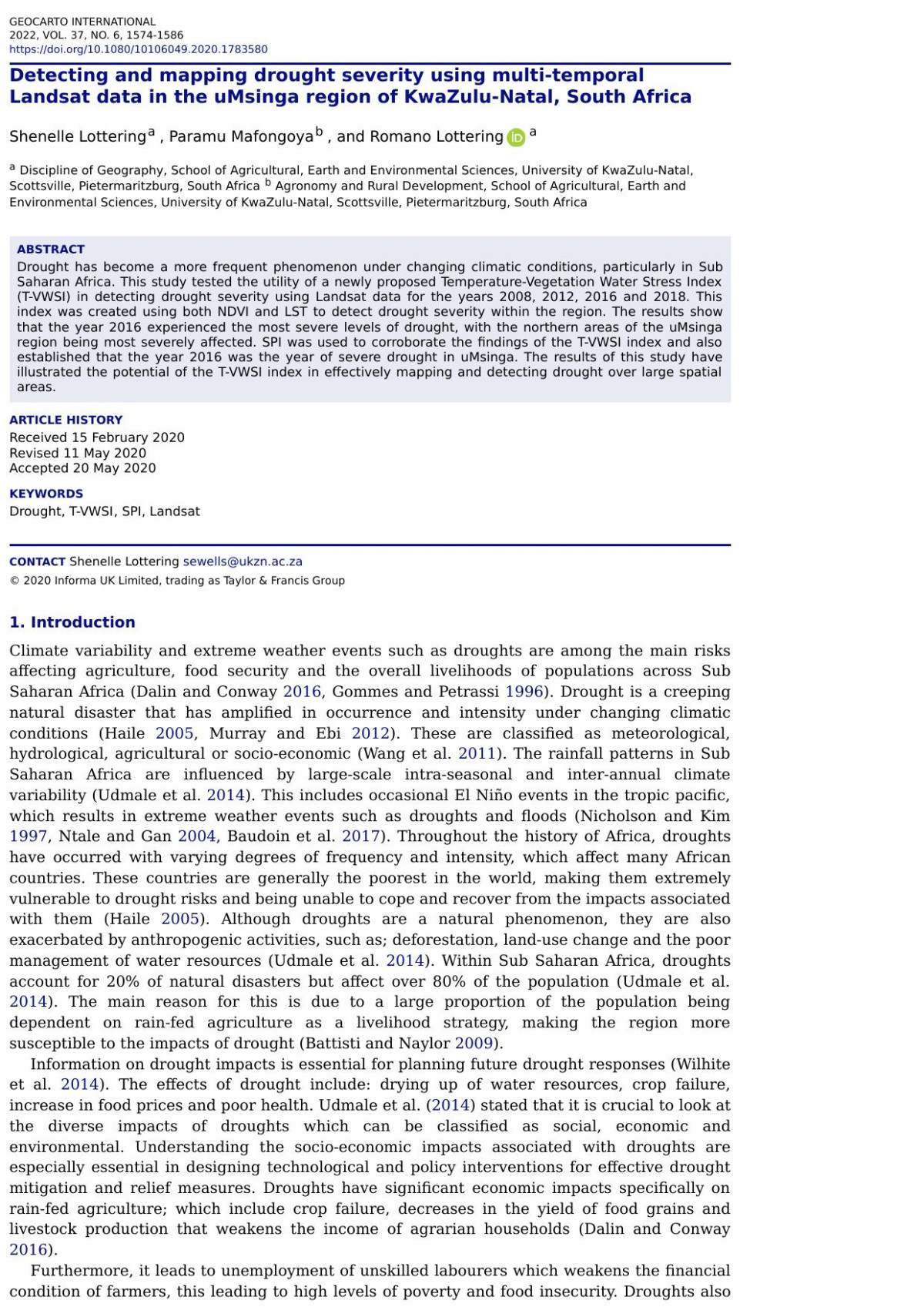 Detecting And Mapping Drought Severity Using Multitemporal Landsat Data In The Umsinga Region Of Kwazulunatal South Africa Shenelle Lottering Paramu Mafongoya Romano Lottering