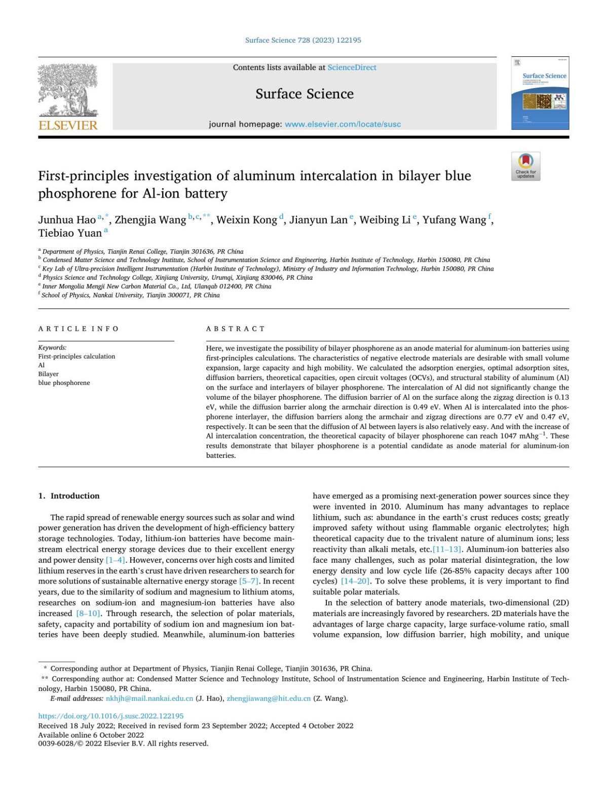 Firstprinciples Investigation Of Aluminum Intercalation In Bilayer Blue Phosphorene For Alion Battery Junhua Hao