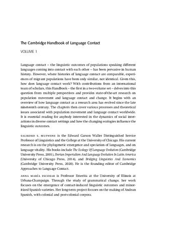 The Cambridge Handbook Of Language Contact Volume 1 Population Movement And Language Change Cambridge Handbooks In Language And Linguistics New Salikoko Mufwene