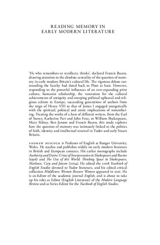 Reading Memory In Early Modern Literature Andrew Hiscock