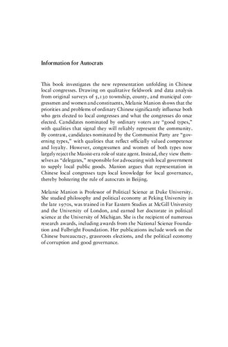 Information For Autocrats Representation In Chinese Local Congresses Melanie Manion
