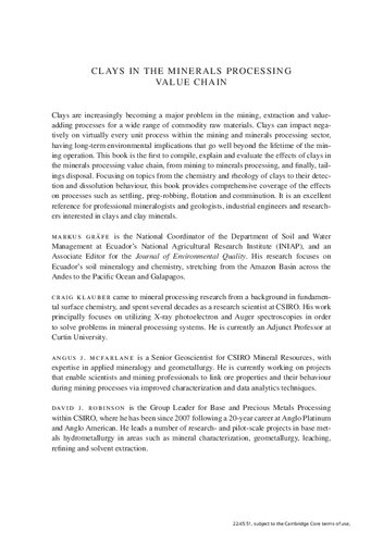 Clays In The Mineral Processing Value Chain 1st Markus Grfe Craig Klauber Angus J Mcfarlane David J Robinson