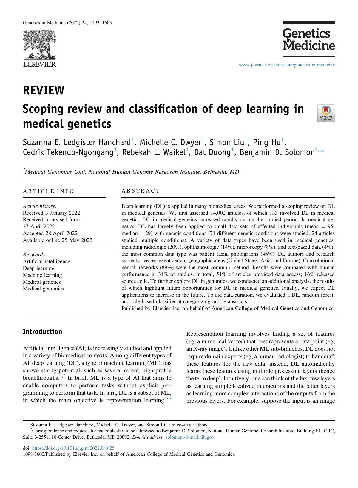 Scoping Review And Classification Of Deep Learning In Medical Genetics Suzanna E Ledgister Hanchard Michelle C Dwyer Simon Liu Ping Hu Cedrik Tekendongongang Rebekah L Waikel Dat Duong Benjamin D Solomon
