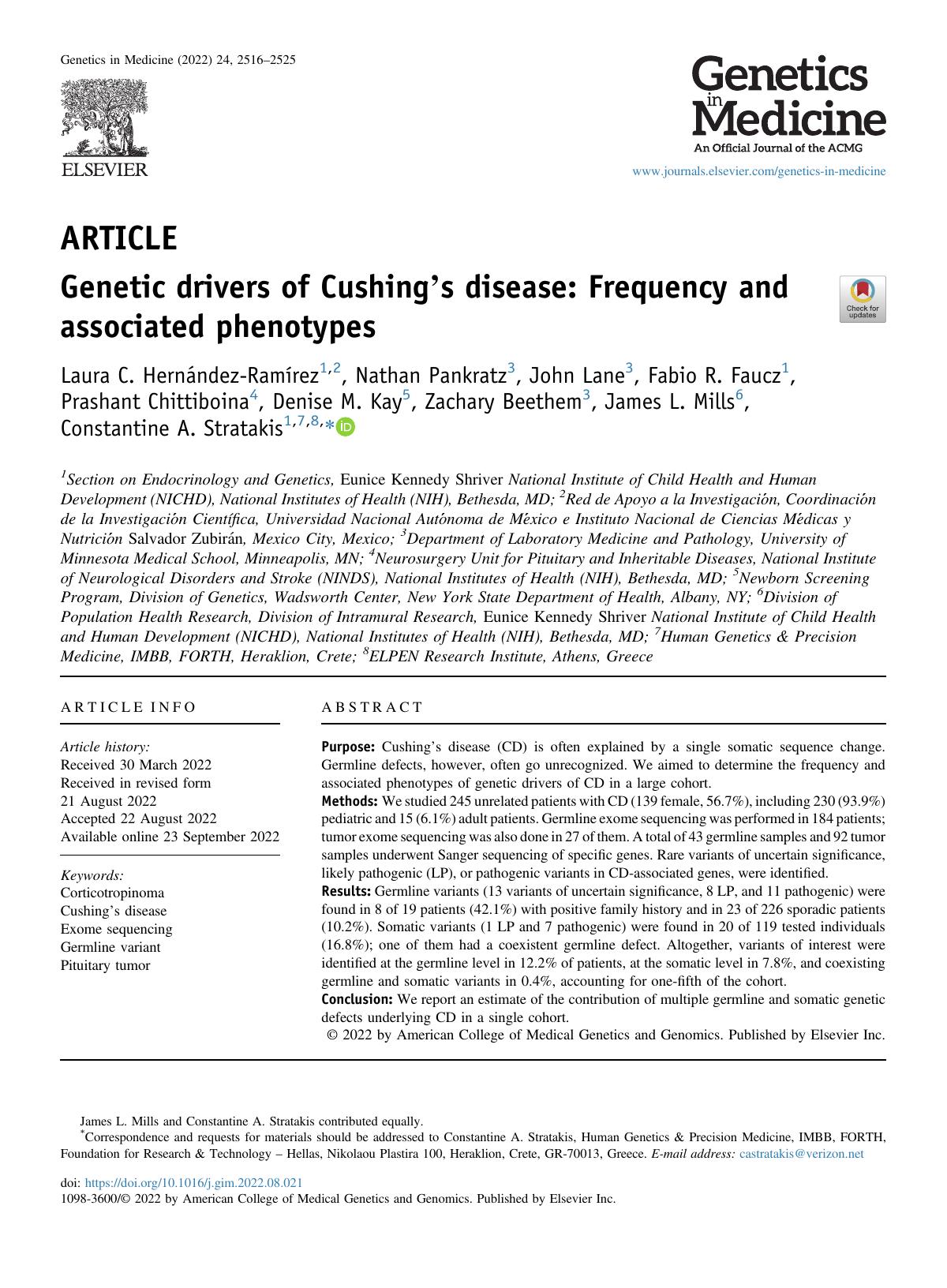 Genetic Drivers Of Cushings Disease Frequency And Associated Phenotypes Laura C Hernndezramrez Nathan Pankratz John Lane Fabio R Faucz Prashant Chittiboina Denise M Kay Zachary Beethem James L Mills Constantine A Stratakis