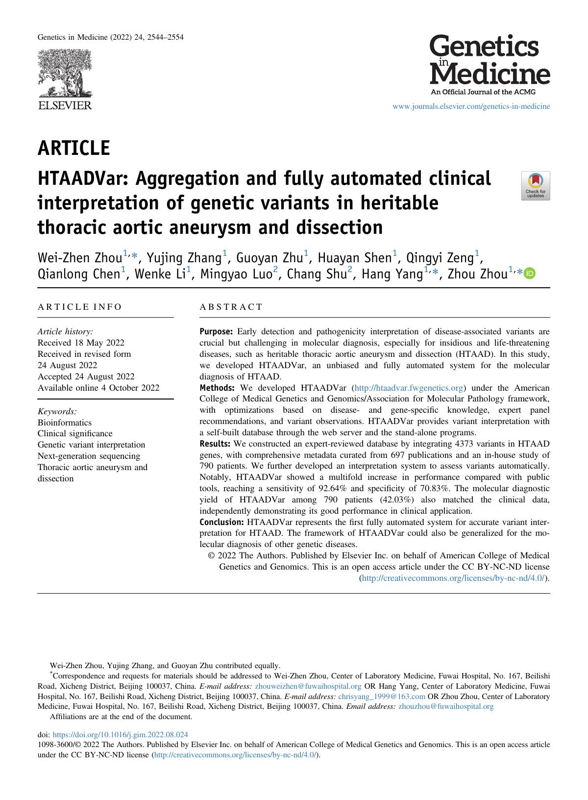 Htaadvar Aggregation And Fully Automated Clinical Interpretation Of Genetic Variants In Heritable Thoracic Aortic Aneurysm And Dissection Weizhen Zhou Yujing Zhang Guoyan Zhu Huayan Shen Qingyi Zeng Qianlong Chen Wenke Li Mingyao Luo Chang Shu Hang Yang Zhou Zhou