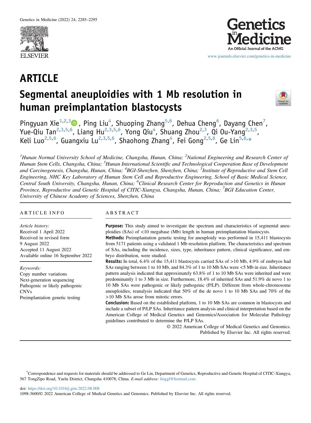Segmental Aneuploidies With 1 Mb Resolution In Human Preimplantation Blastocysts Pingyuan Xie Ping Liu Shuoping Zhang Dehua Cheng Dayang Chen Yueqiu Tan Liang Hu Yong Qiu Shuang Zhou Qi Ouyang Keli Luo Guangxiu Lu Shaohong Zhang Fei Gong Ge Lin
