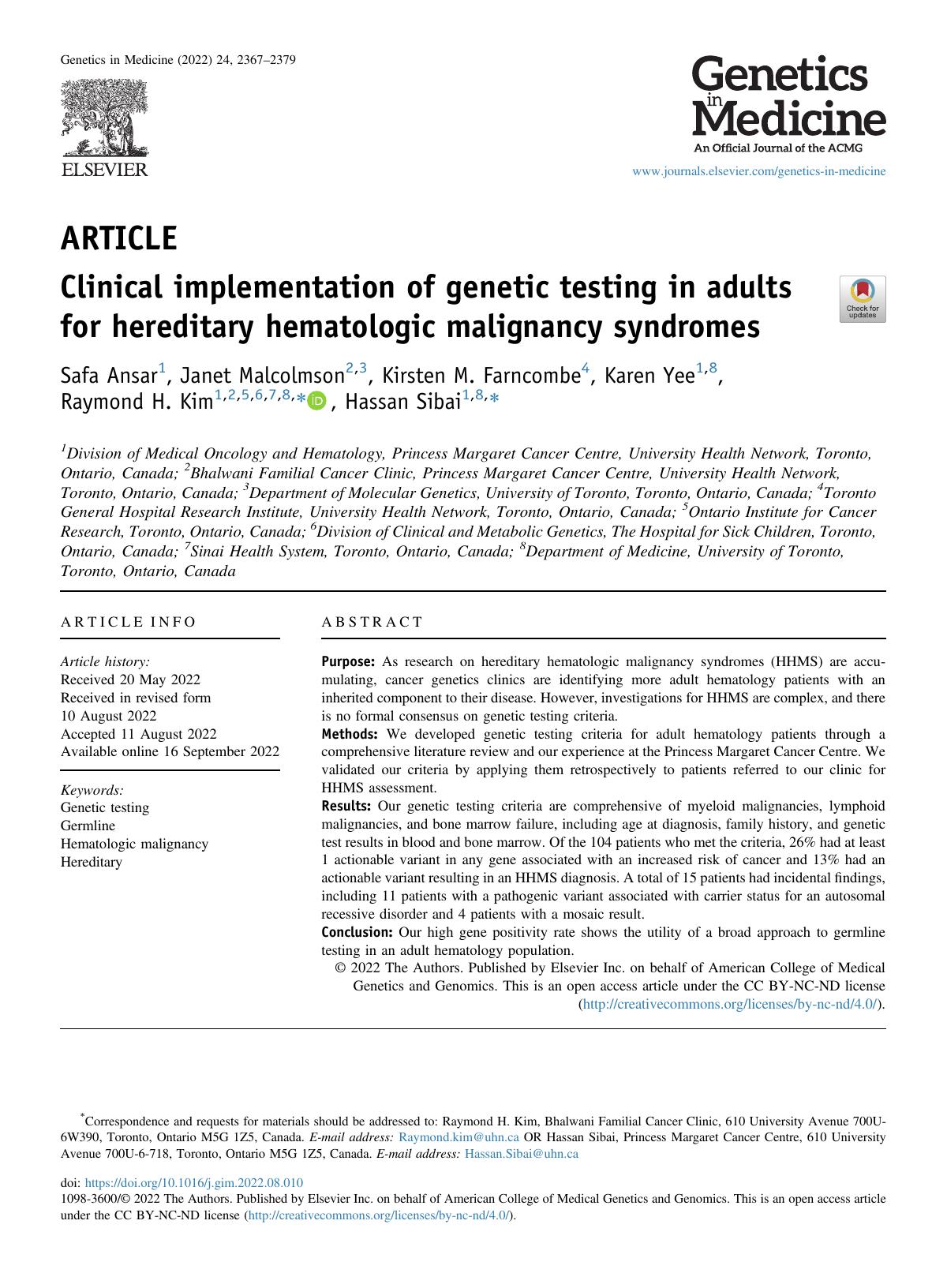 Clinical Implementation Of Genetic Testing In Adults For Hereditary Hematologic Malignancy Syndromes Safa Ansar Janet Malcolmson Kirsten M Farncombe Karen Yee Raymond H Kim Hassan Sibai
