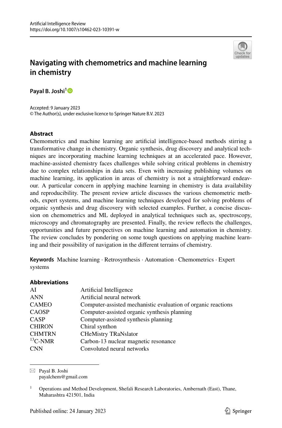 Navigating With Chemometrics And Machine Learning In Chemistry Payal B Joshi