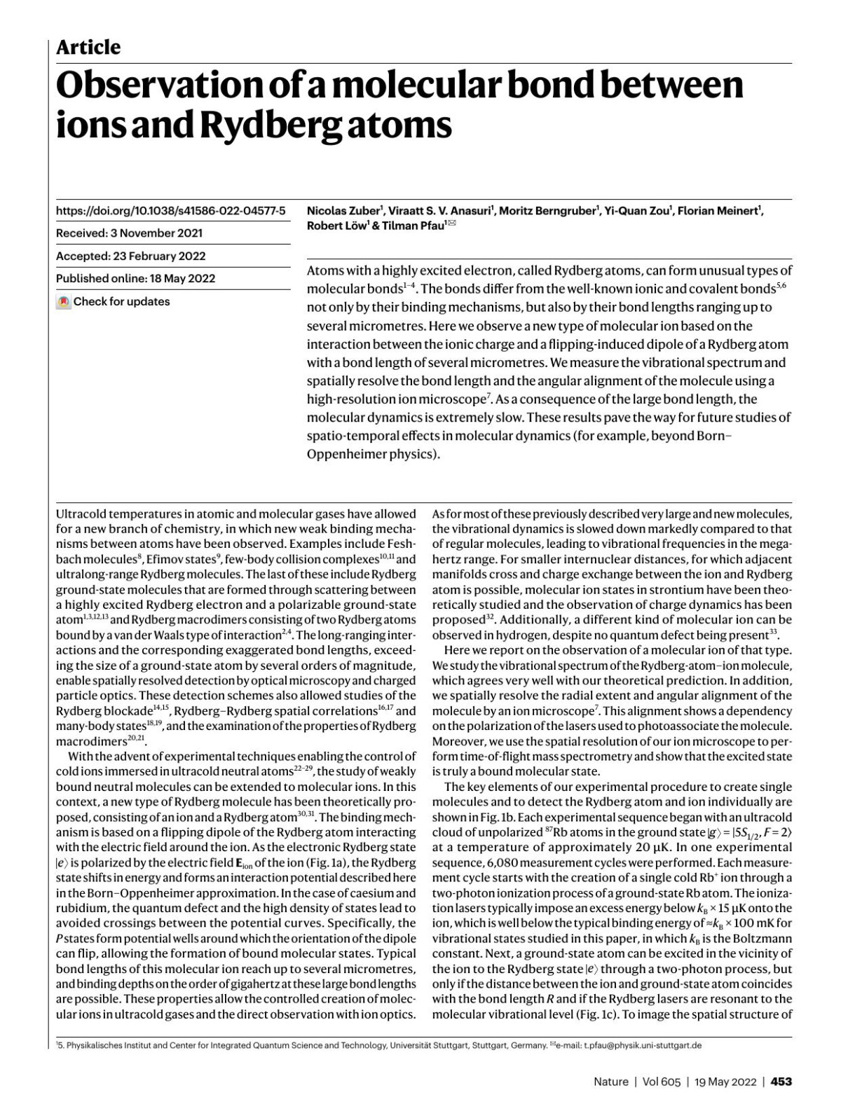 Observation Of A Molecular Bond Between Ions And Rydberg Atoms Nicolas Zuber Viraatt S V Anasuri Moritz Berngruber Yiquan Zou Florian Meinert Robert Lw Tilman Pfau