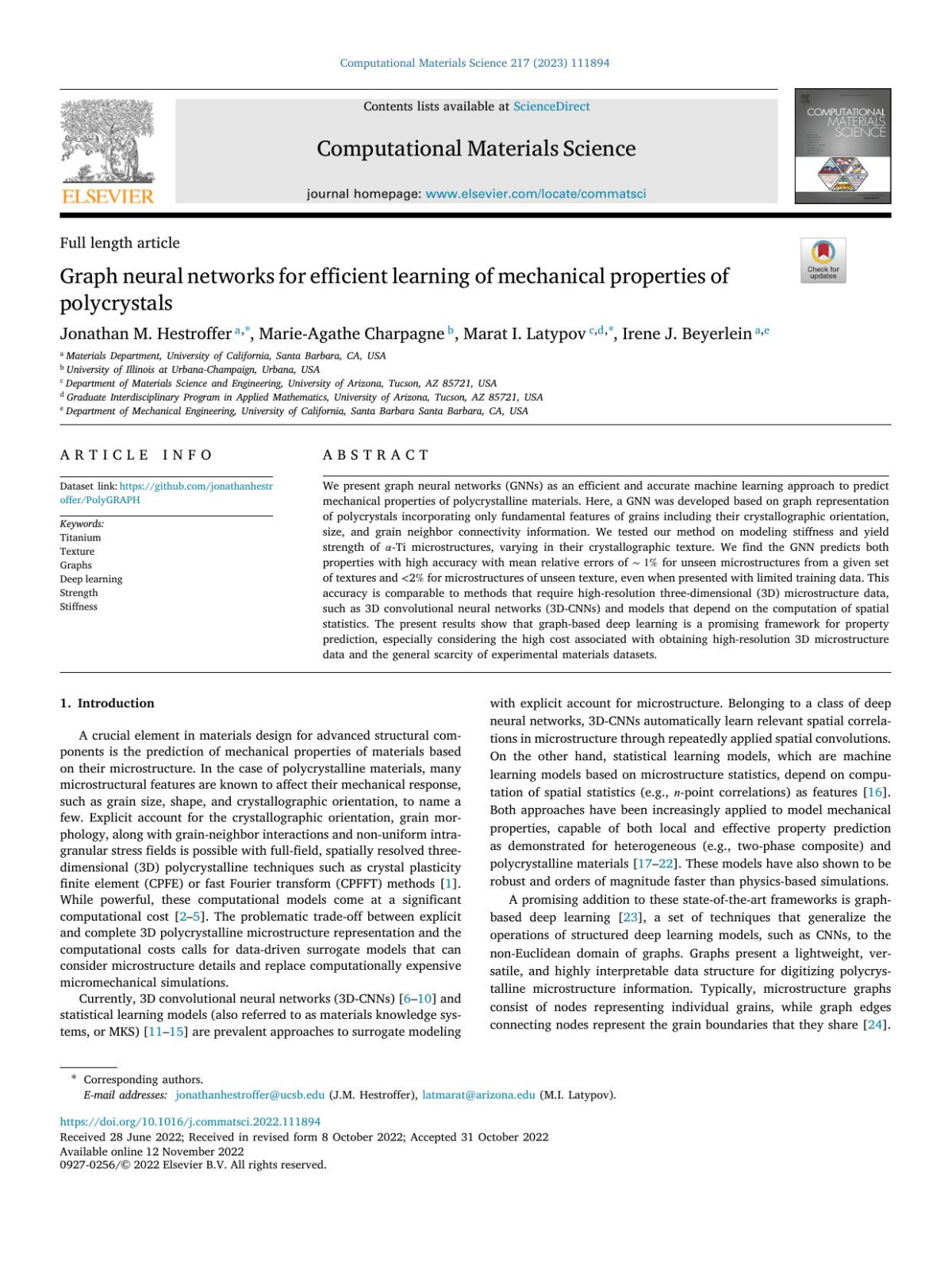 Graph Neural Networks For Efficient Learning Of Mechanical Properties Of Polycrystals Jonathan M Hestroffer