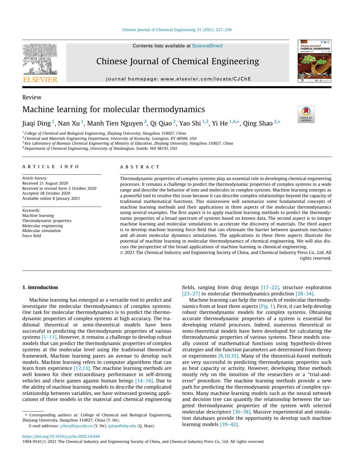 Machine Learning For Molecular Thermodynamics Jiaqi Ding Nan Xu Manh Tien Nguyen Qi Qiao Yao Shi Yi He Qing Shao