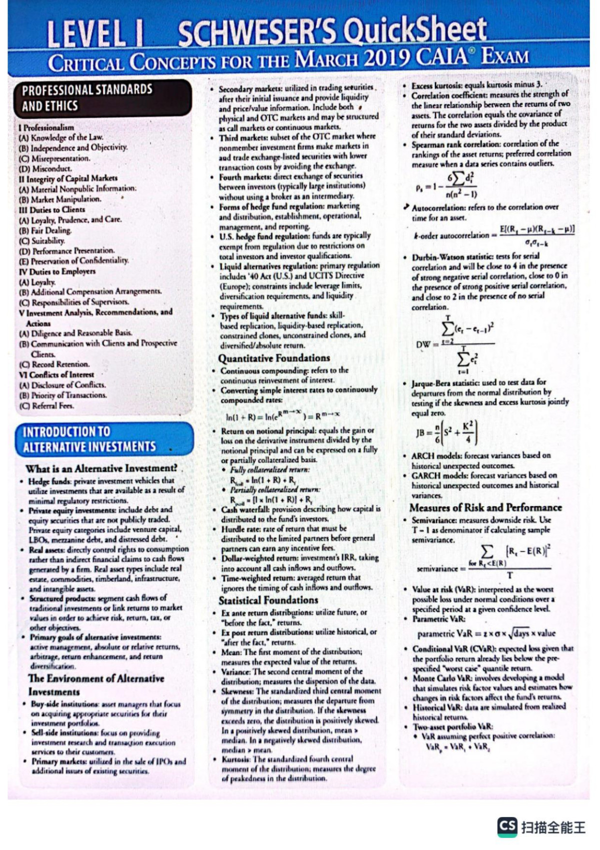 Caia Level 1 Schweser Quicksheet 2019 Unknown