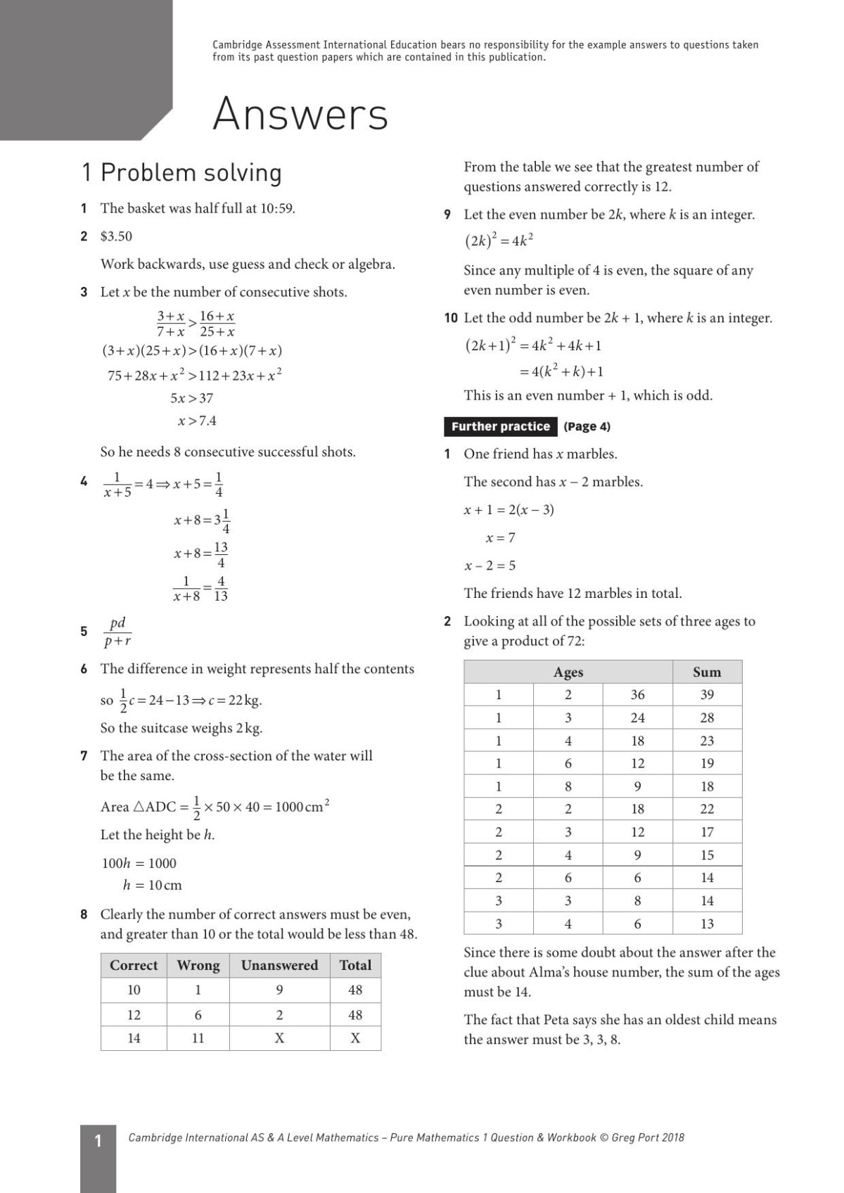 Cambridge International As A Level Mathematics Pure Mathematics 1 Question Workbook Answers Greg Port