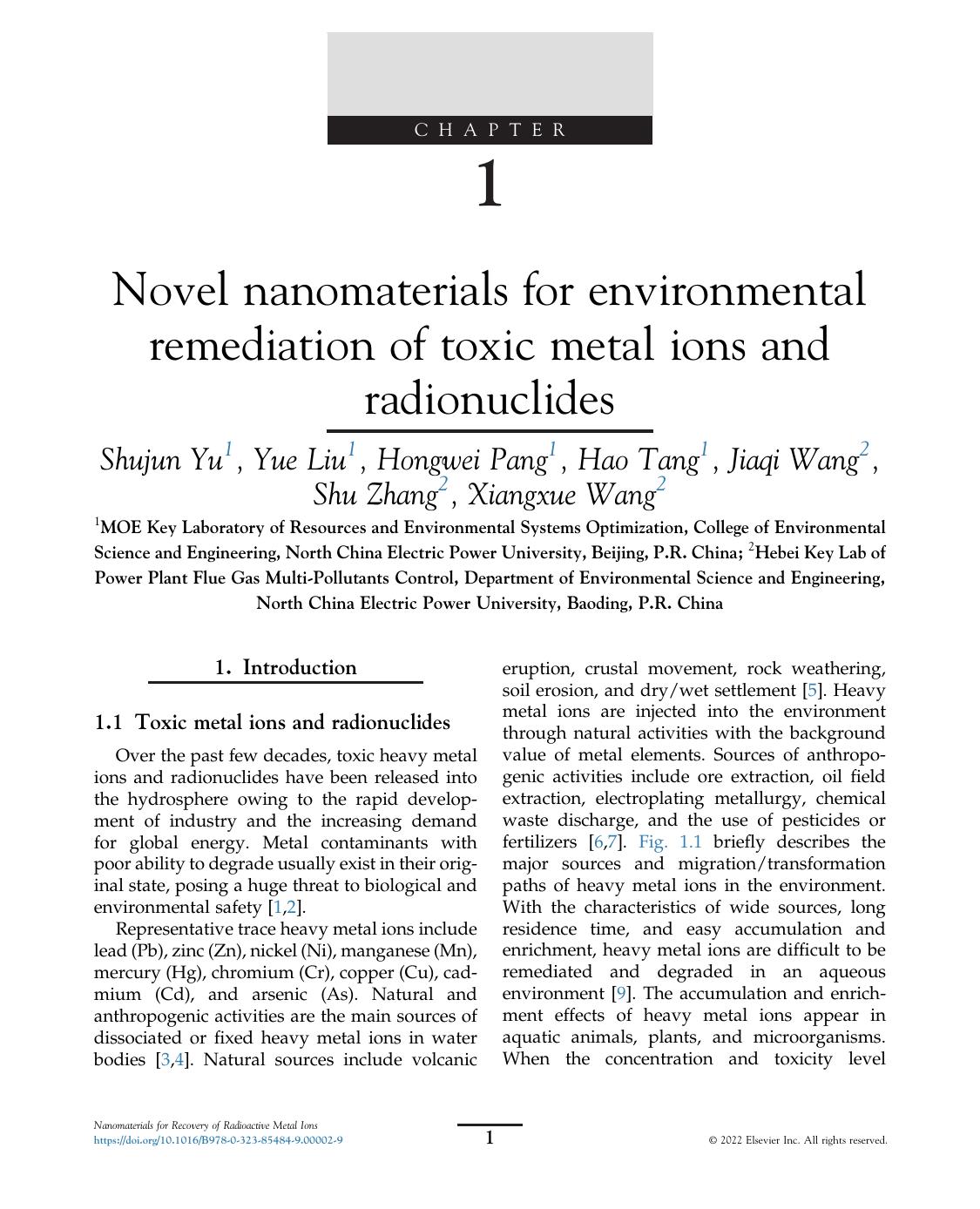 Chapter 1 Novel Nanomaterials For Environmental Remediation Of Toxic Metal Ions And Radionuclides Shujun Yu Yue Liu Hongwei Pang Hao Tang Jiaqi Wang Shu Zhang Xiangxue Wang