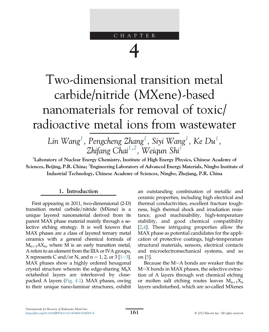 Chapter 4 Twodimensional Transition Metal Carbidenitride 40mxene41based Nanomaterials For Removal Of Toxicradioactive Metal Ions From Wastewater Lin Wang Pengcheng Zhang Siyi Wang Ke Du Zhifang Chai Weiqun Shi