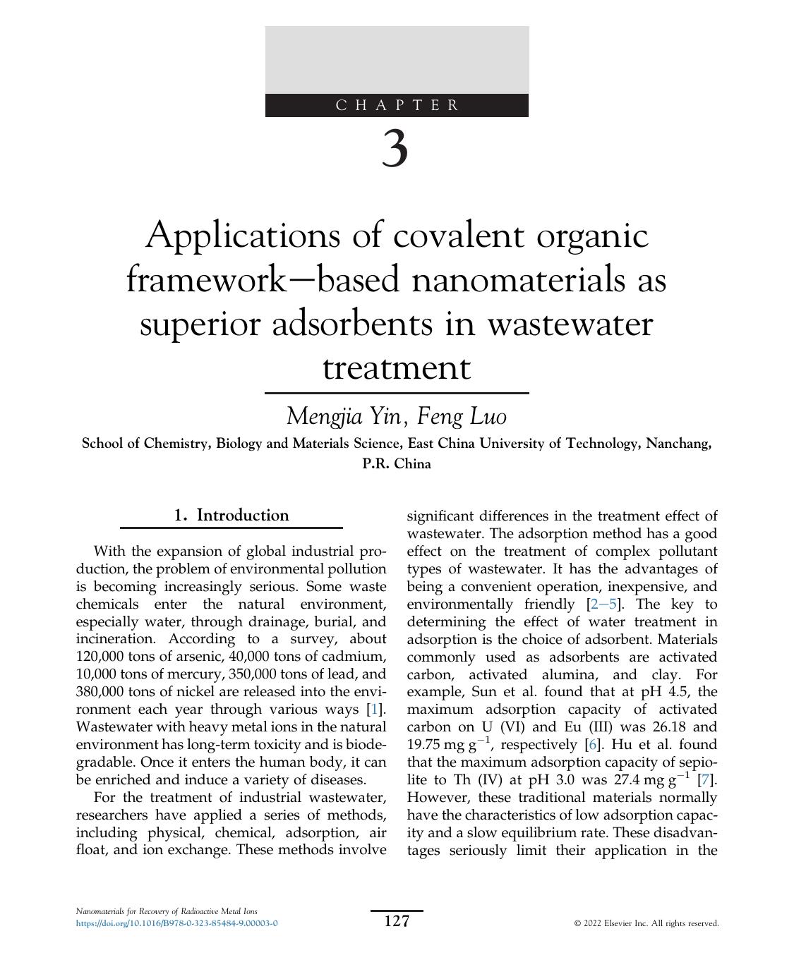 Chapter 3 Applications Of Covalent Organic Frameworkndashbased Nanomaterials As Superior Adsorbents In Wastewater Treatment Mengjia Yin Feng Luo