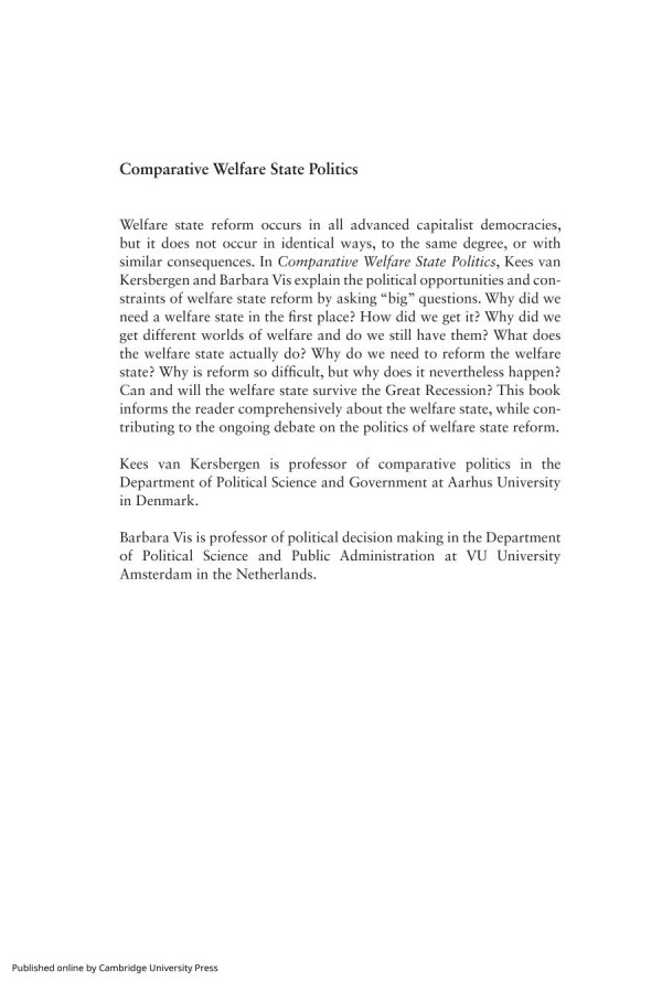 Comparative Welfare State Politics Development Opportunities And Reform Kees Van Kersbergen