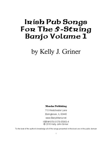 Irish Pub Songs For The 5string Banjo Kelly Griner