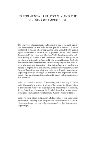 Experimental Philosophy And The Origins Of Empiricism Peter R Anstey