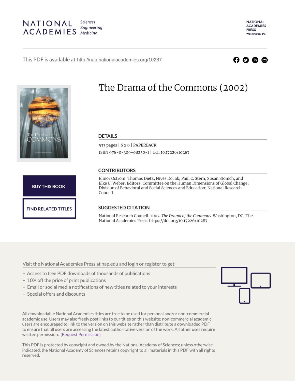 The Drama Of The Commons Elinor Ostrom Thomas Dietz Nives Dolak