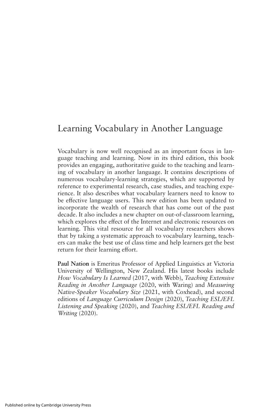 Learning Vocabulary In Another Language I S P Nation