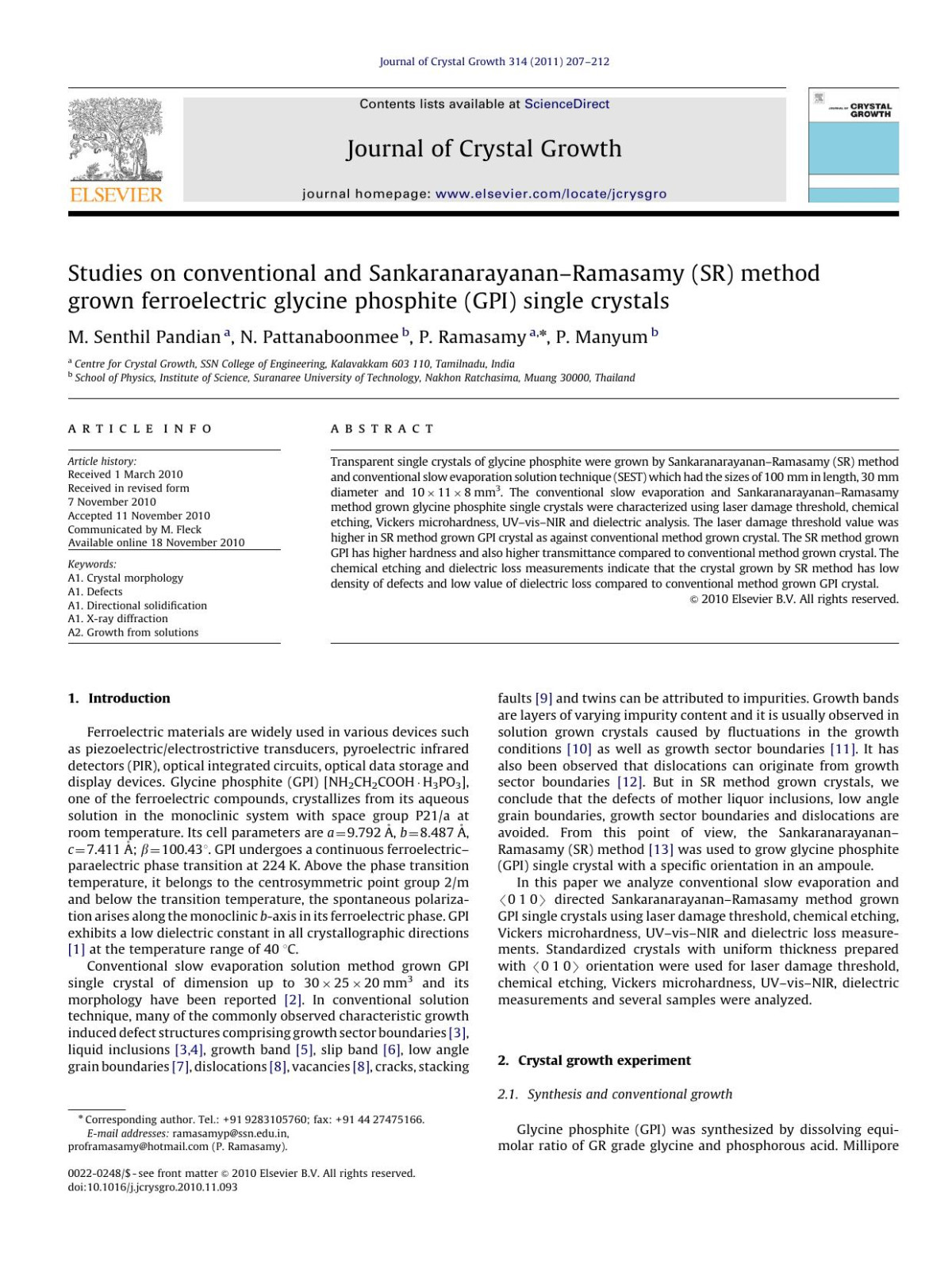 Studies On Conventional And Sankaranarayananramasamy Sr Method Grown Ferroelectric Glycine Phosphite Gpi Single Crystals M Senthil Pandian N Pattanaboonmee P Ramasamy P Manyum