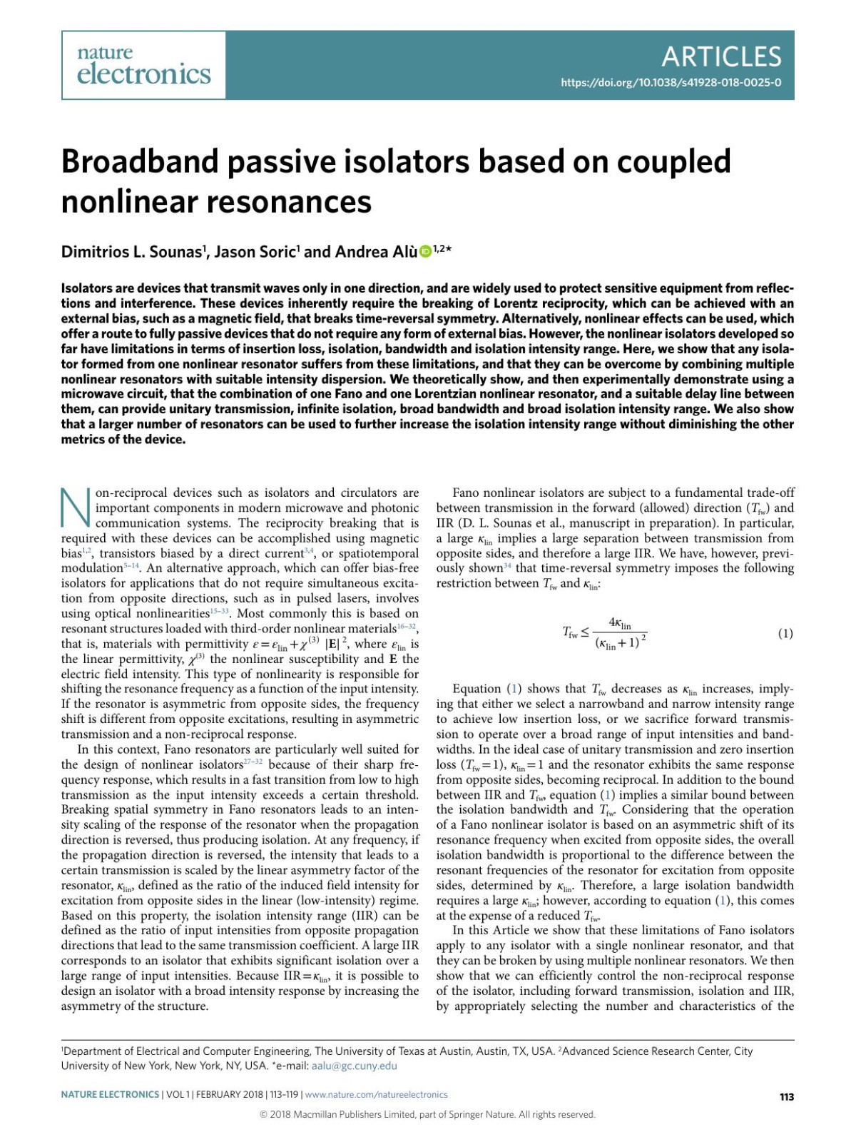 Broadband Passive Isolators Based On Coupled Nonlinear Resonances Dimitrios L Sounas Jason Soric Andrea Al