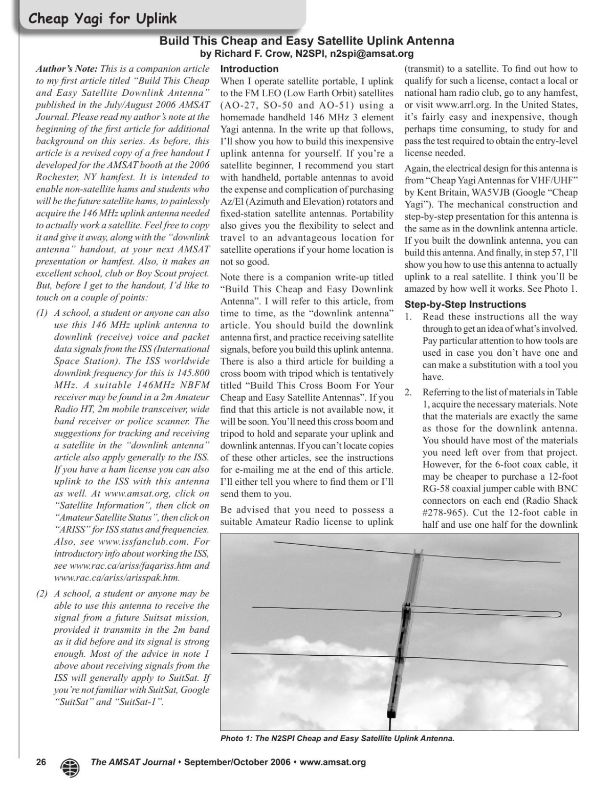 The Amsat Journal 200609 Build This Cheap And Easy Satellite Uplink Antenna Richard F Crow