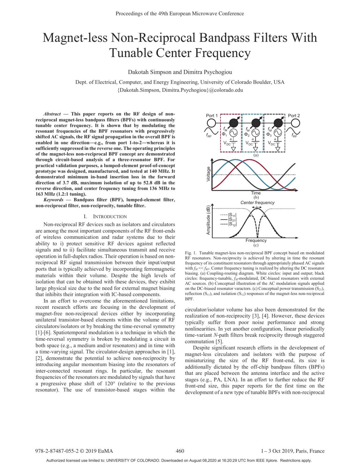 Magnetless Nonreciprocal Bandpass Filters With Tunable Center Frequency Dakotah Simpson Dimitra Psychogiou