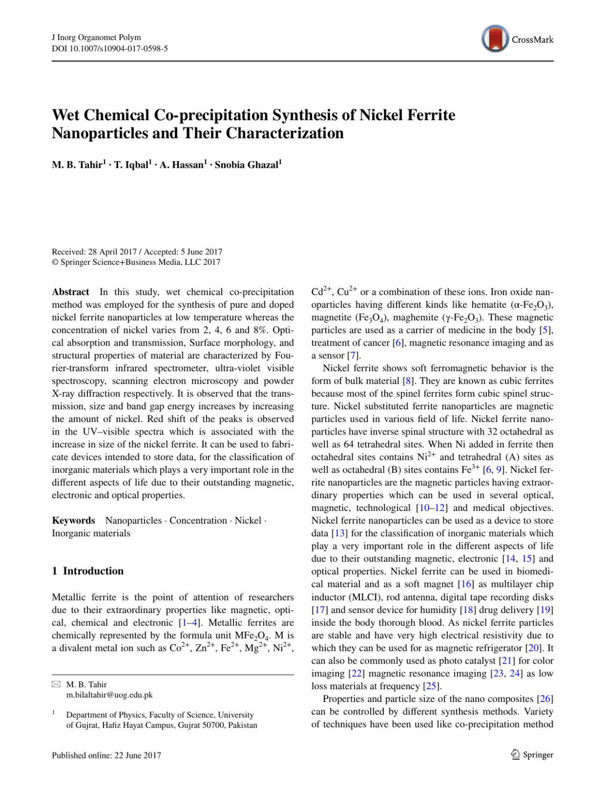 Wet Chemical Coprecipitation Synthesis Of Nickel Ferrite Nanoparticles And Their Characterization M B Tahir