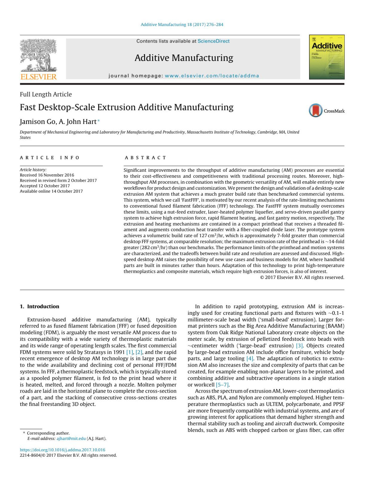 Fast Desktopscale Extrusion Additive Manufacturing Article Not A Book Jamison Go