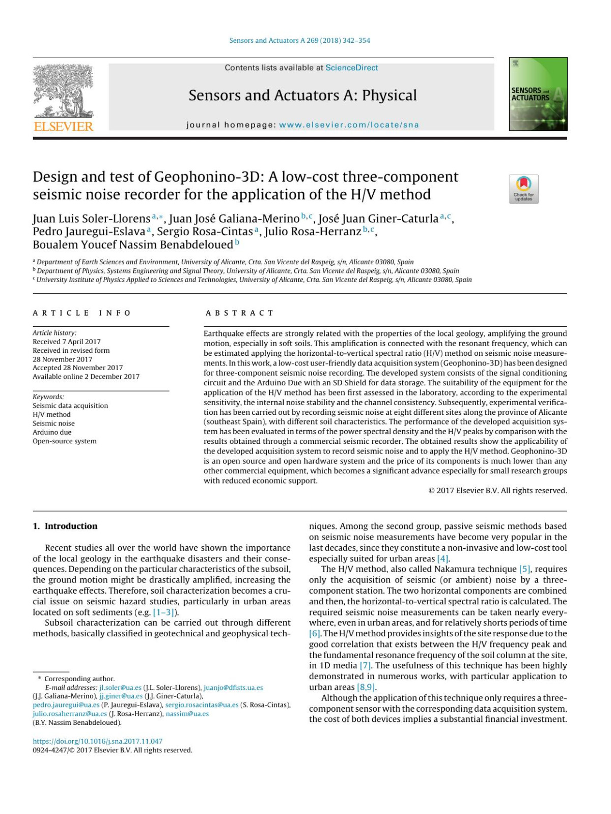 Design And Test Of Geophonino3d A Lowcost Threecomponent Seismic Noise Recorder For The Application Of The Hv Method Juan Luis Solerllorens Juan Jos Galianamerino Jos Juan Ginercaturla Pedro Jaureguieslava Sergio Rosacintas Julio Rosaherranz Boualem Youcef Nassim Benabdeloued