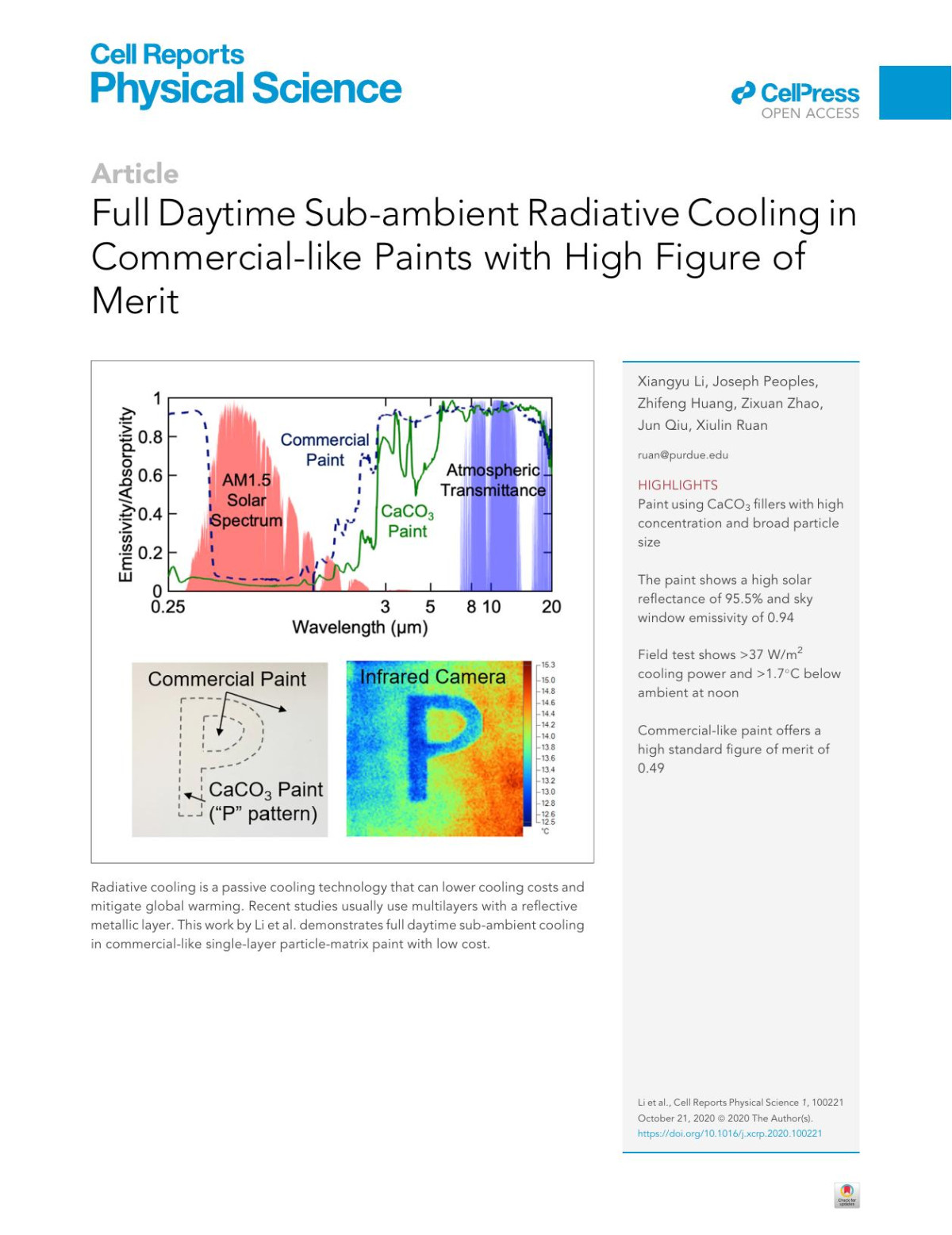Full Daytime Subambient Radiative Cooling In Commerciallike Paints With High Figurenbspof Merit Xiangyu Li Joseph Peoples Zhifeng Huang Zixuan Zhao Jun Qiu Xiulin Ruan