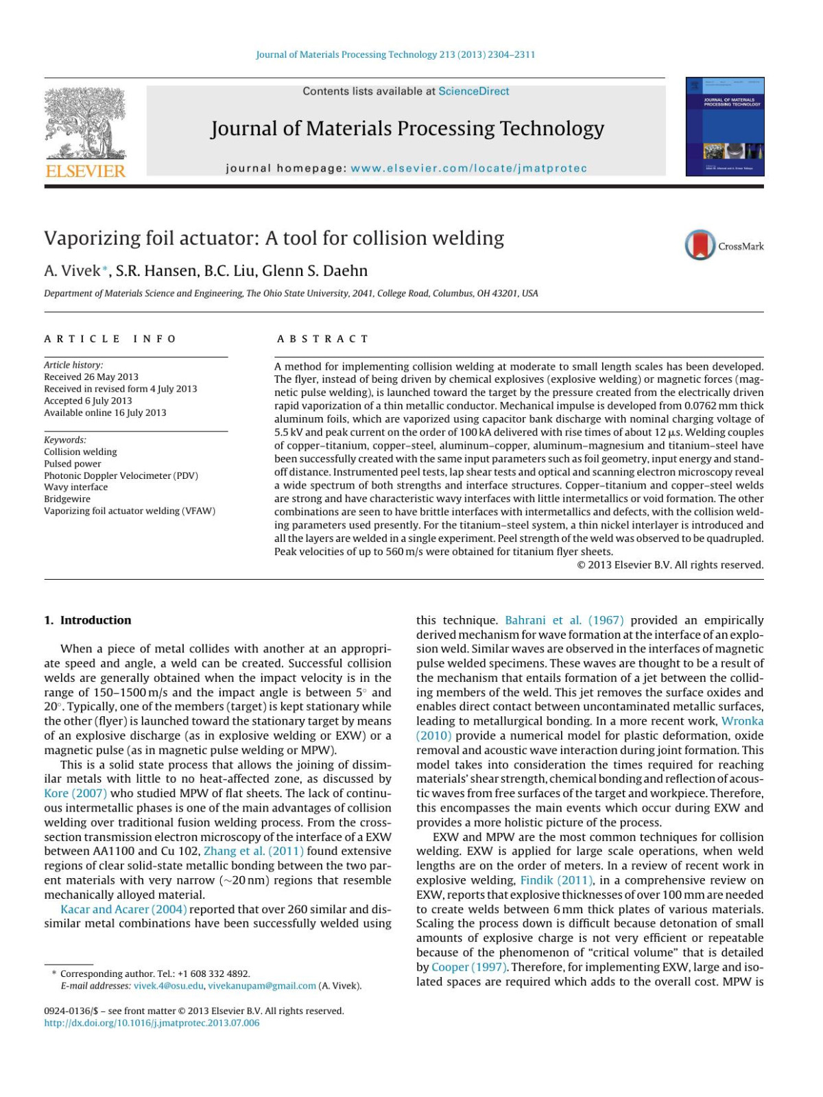 Vaporizing Foil Actuator A Tool For Collision Welding A Vivek Sr Hansen Bc Liu Glenn S Daehn