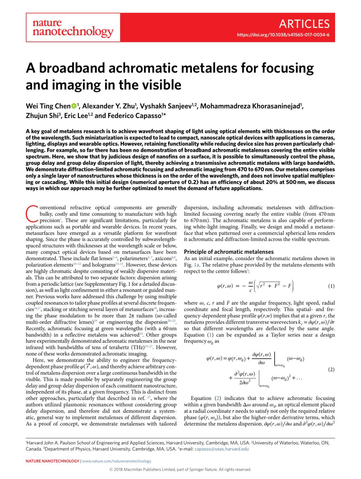 A Broadband Achromatic Metalens For Focusing And Imaging In The Visible Wei Ting Chen Alexander Y Zhu Vyshakh Sanjeev Mohammadreza Khorasaninejad Zhujun Shi Eric Lee Federico Capasso